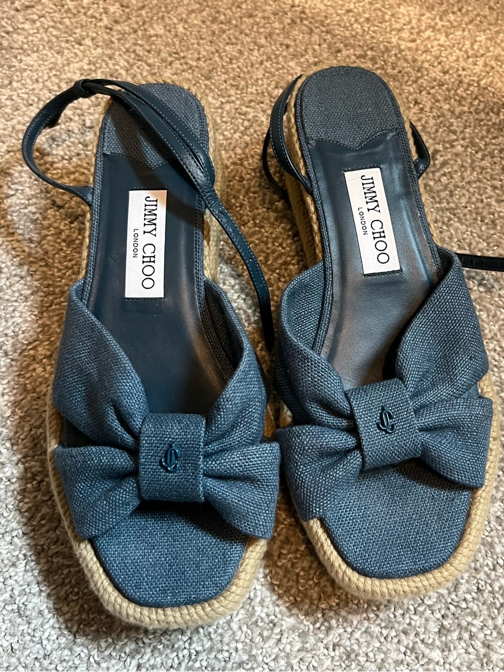 Jimmy Choo Navy Canvas Bow Espadrille Slingback Sandals